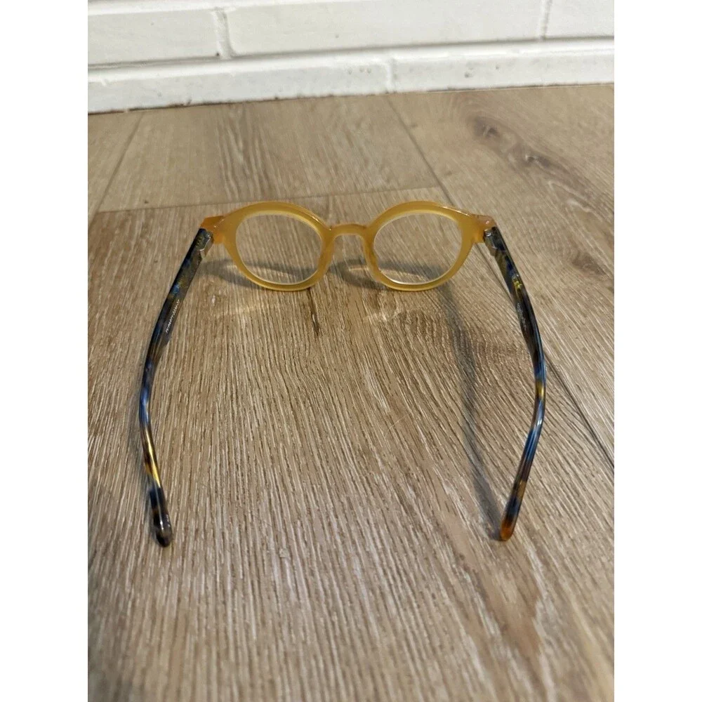 Eyebobs glasses frame TV Party Amber with blue & yellow camo pattern arms